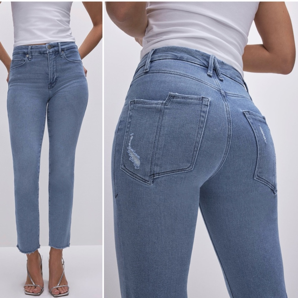 GOOD AMERICAN Good Legs Straight Leg Split Pockets Light Distressed Blue Jeans